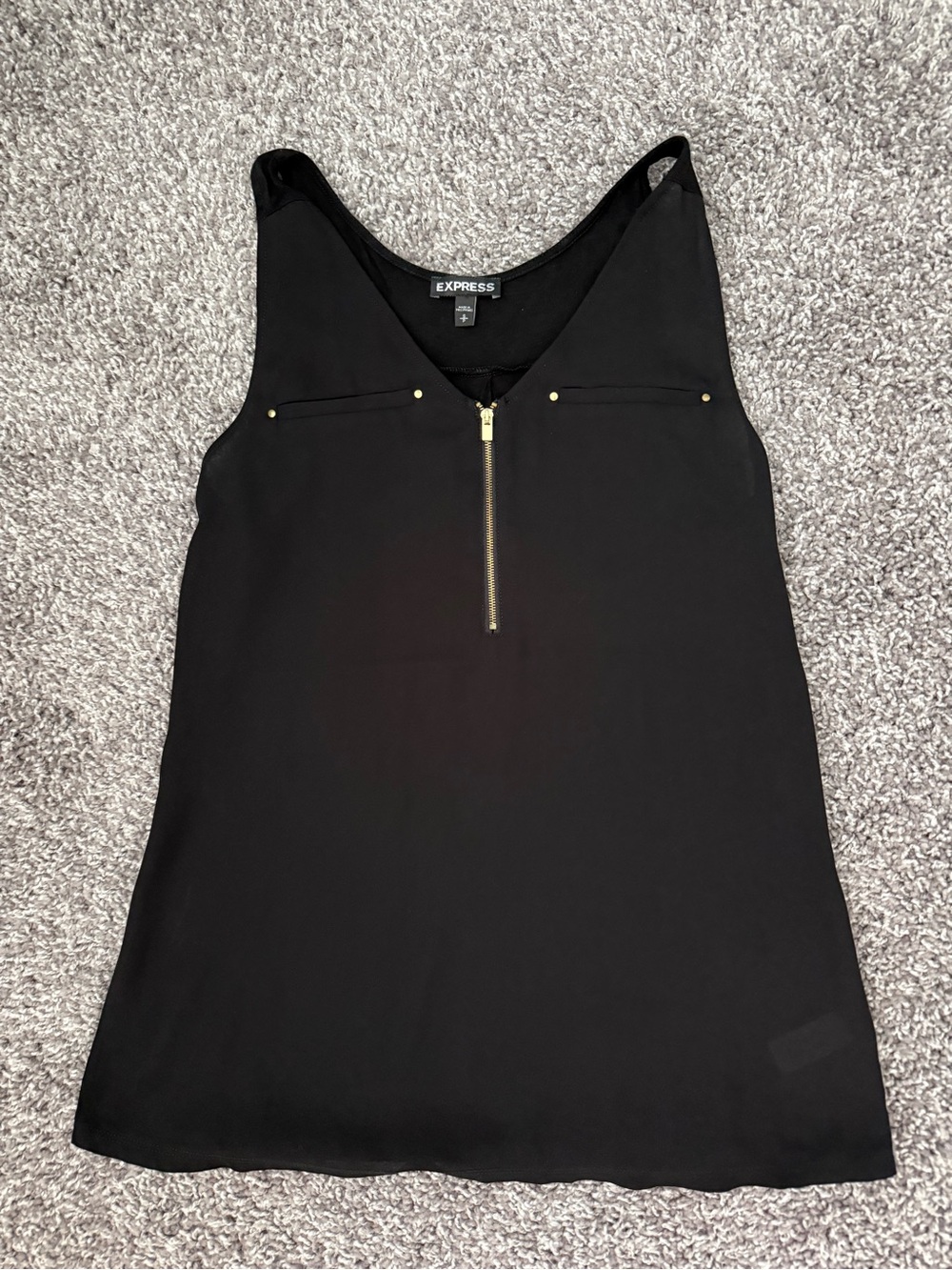 Express Black Sleeveless Gold Zip-Front Tank with Gold Accents